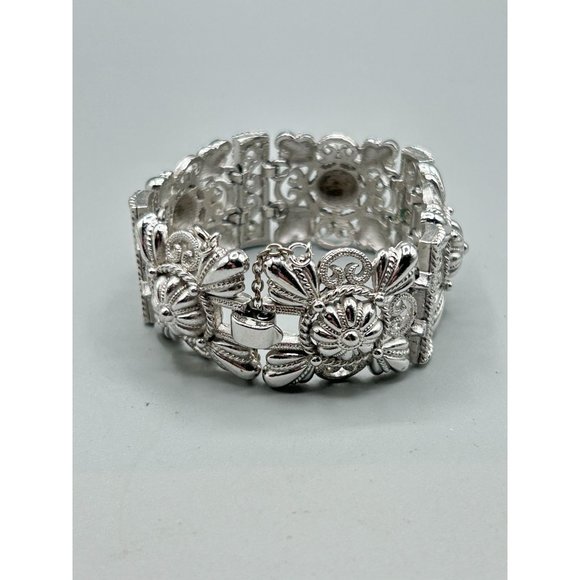 Vintage Signed Trifari Wide Silver Tone Bracelet Ornate Wide Panels Filigree - Picture 2 of 9